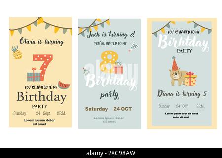Poster für Geburtstagseinladungen für Kinder. Kann für Geburtstagsfeier verwendet werden, kindliches Design. Niedliche Tiere und Geschenke. Tropische Tierparty lädt zu Backgro ein Stock Vektor