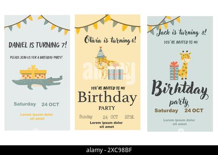 Poster für Geburtstagseinladungen für Kinder. Kann für Geburtstagsfeier verwendet werden, kindliches Design. Niedliche Tiere und Geschenke. Tropische Tierparty lädt zu Backgro ein Stock Vektor