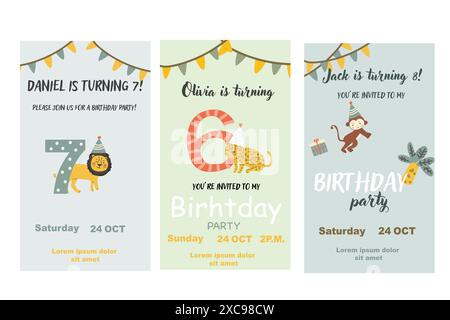 Poster für Geburtstagseinladungen für Kinder. Kann für Geburtstagsfeier verwendet werden, kindliches Design. Niedliche Tiere und Geschenke. Tropische Tierparty lädt zu Backgro ein Stock Vektor