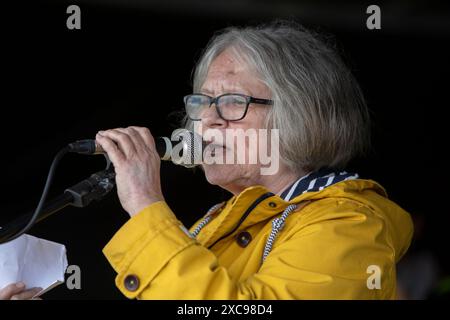 Glasgow, Großbritannien. Juni 2024. Lindsey German, Versammler von Stop the war, sprach am 15. Juni 2024 auf der Pro-Palestine-Kundgebung, die von der Stop the war (Scotland) Coalition in Glasgow (Schottland) organisiert wurde. Foto: Jeremy Sutton-Hibbert/ Alamy Live News Stockfoto