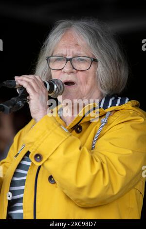 Glasgow, Großbritannien. Juni 2024. Lindsey German, Versammler von Stop the war, sprach am 15. Juni 2024 auf der Pro-Palestine-Kundgebung, die von der Stop the war (Scotland) Coalition in Glasgow (Schottland) organisiert wurde. Foto: Jeremy Sutton-Hibbert/ Alamy Live News Stockfoto