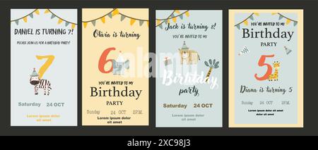 Poster für Geburtstagseinladungen für Kinder. Kann für Geburtstagsfeier verwendet werden, kindliches Design. Niedliche Tiere und Geschenke. Tropische Tierparty lädt zu Backgro ein Stock Vektor
