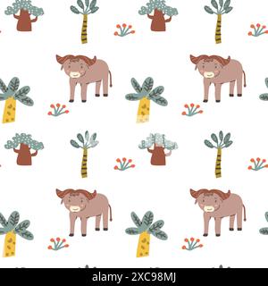Kindertiermuster mit tropischen Pflanzen. Kindliches, niedliches Muster mit afrikanischen Tieren und handgezeichneten Elementen. Kinderkrippe scandin Stock Vektor