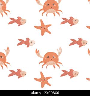 Kinder Meerestiere Muster, kindliche Meereslebewesen nahtloser Hintergrund. Kinderzimmer Babytierdruck. Unterwasserbewohner Sammlung im Hintergrund Stock Vektor