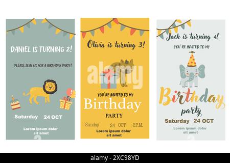 Poster für Geburtstagseinladungen für Kinder. Kann für Geburtstagsfeier verwendet werden, kindliches Design. Niedliche Tiere und Geschenke. Tropische Tierparty lädt zu Backgro ein Stock Vektor