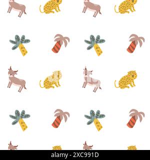 Kindertiermuster mit tropischen Pflanzen. Kindliches, niedliches Muster mit afrikanischen Tieren und handgezeichneten Elementen. Kinderkrippe scandin Stock Vektor