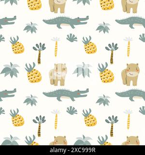 Kindertiermuster mit tropischen Pflanzen. Kindliches, niedliches Muster mit afrikanischen Tieren und handgezeichneten Elementen. Kinderkrippe scandin Stock Vektor