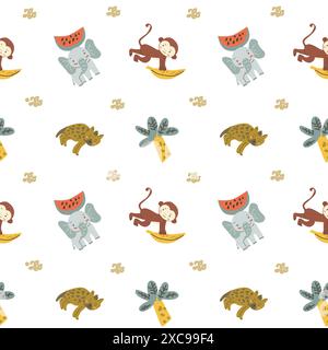 Kindertiermuster mit tropischen Pflanzen. Kindliches, niedliches Muster mit afrikanischen Tieren und handgezeichneten Elementen. Kinderkrippe scandin Stock Vektor