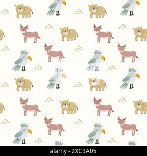 Kindertiermuster mit tropischen Pflanzen. Kindliches, niedliches Muster mit afrikanischen Tieren und handgezeichneten Elementen. Kinderkrippe scandin Stock Vektor