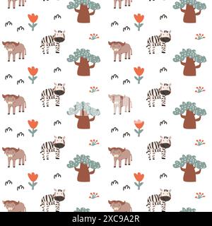 Kindertiermuster mit tropischen Pflanzen. Kindliches, niedliches Muster mit afrikanischen Tieren und handgezeichneten Elementen. Kinderkrippe scandin Stock Vektor