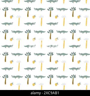 Kindertiermuster mit tropischen Pflanzen. Kindliches, niedliches Muster mit afrikanischen Tieren und handgezeichneten Elementen. Kinderkrippe scandin Stock Vektor