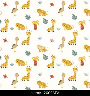 Kindertiermuster mit tropischen Pflanzen. Kindliches, niedliches Muster mit afrikanischen Tieren und handgezeichneten Elementen. Kinderkrippe scandin Stock Vektor