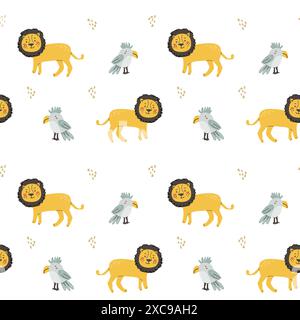 Kindertiermuster mit tropischen Pflanzen. Kindliches, niedliches Muster mit afrikanischen Tieren und handgezeichneten Elementen. Kinderkrippe scandin Stock Vektor
