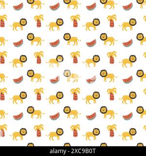 Kindertiermuster mit tropischen Pflanzen. Kindliches, niedliches Muster mit afrikanischen Tieren und handgezeichneten Elementen. Kinderkrippe scandin Stock Vektor