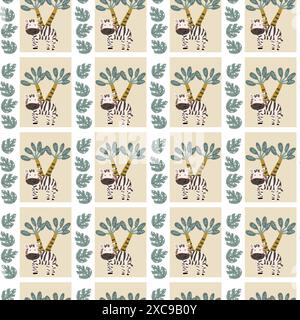 Kindertiermuster mit tropischen Pflanzen. Kindliches, niedliches Muster mit afrikanischen Tieren und handgezeichneten Elementen. Kinderkrippe scandin Stock Vektor