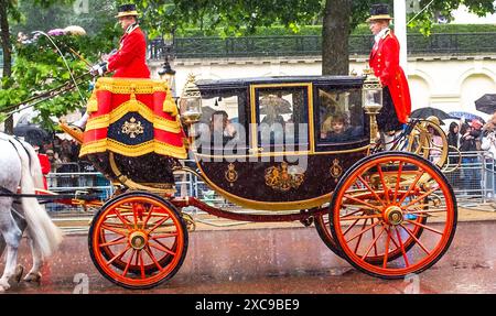 London Vereinigtes Königreich 15. Juni 2024 - Prinz George und Prinz Louis schauen aus ihrer Kutsche auf Menschenmassen, die dem sintflutartigen Regen in der Mall nach dem Trooping the Colour in London trotzen, als ihre Mutter die Prinzessin von Wales ihren ersten öffentlichen Auftritt seit ihrer Krebsdiagnose machte . : Credit Simon Dack / Alamy Live News Stockfoto
