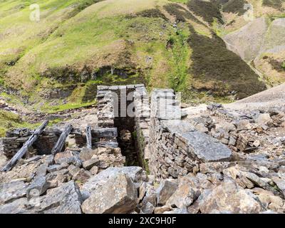 Alte Bleiminen in Gunnerside Gill, Swaledale, Yorkshire Dales, Großbritannien. Stockfoto