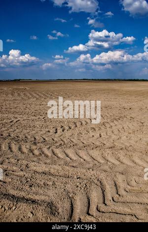 Bewölkter Himmel über einem weitläufigen, frisch gepflügten Feld. Stockfoto