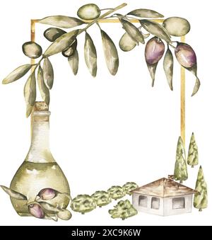 Aquarelloliven-Rahmen mit grünen Oliven und Tal und altes Haus, Ölflasche Clipart. Isolierte handgezeichnete botanische Illustration. Kann für das Auto verwendet werden Stockfoto