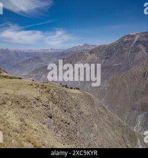 Colca Canyon, Peru - 7. Dezember 2023: Panoramablick auf den Colca Canyon vom Aussichtspunkt Mirador Cruz del Condor Stockfoto