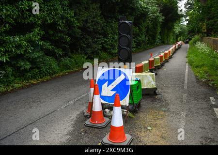 Verkehrskegel und Fahrspursperre ohne Arbeiten mit fehlerhafter Ampel und Wegbeschreibung auf einer kleinen Landspur auf einer gefährlichen Straße. Stockfoto