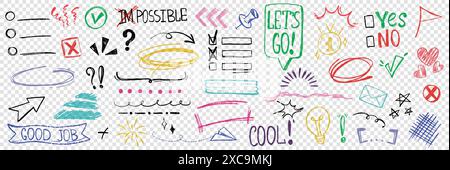 Handgezeichnete Zeichensätze mit Kreidestift, Unterstreichung, Hervorhebung, Pfeil, Kreuz und Stiftrahmen. Elemente korrigieren oder hervorheben. Checkliste für Farbkritzeleien, Ausdrücke, Häkchen, um Text auszuwählen Stock Vektor