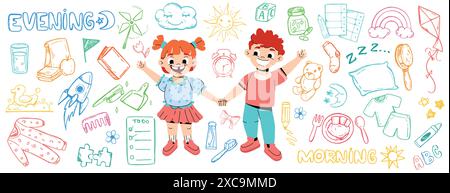 Sketch-Symbol für die tägliche Routine mit lustigen Kindern im Doodle-Stil. Cartoon-Junge und -Mädchen, die jeden Tag Aktivitäten machen. Glückliche Charaktere putzen Zähne, essen Frühstück, spielen mit Spielzeug im Kindergarten, lernen in der Schule Stock Vektor