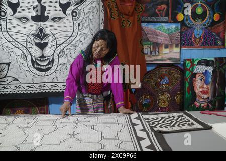 Lima, Peru - 3. Dezember 2023: Die Amazonaskünstlerin Wilma Maynas aus der Amazonasgemeinschaft Shipibo Konibo in ihrem Haus in Lima, Peru Stockfoto