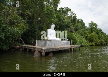 Beruwala, Sri Lanka. Am 7. februar 2023 sitzt die weiße Buddha-Figur über dem See. Hintergrund wunderschöne Naturpalmen, blauer Himmel. Asien Reisen und Religion Co Stockfoto