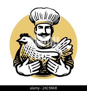 Glücklicher Koch mit Hut, der lebendes Huhn hält. Kochemblem oder Logo. Vektorabbildung Stock Vektor