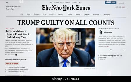 Ein Screenshot der Online-Version der New York Times, die am 30. Mai 2024 von einer Jury über die Verurteilungen gegen Donald Trump berichtete. Stockfoto