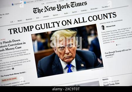 Ein Screenshot der Online-Version der New York Times, die am 30. Mai 2024 von einer Jury über die Verurteilungen gegen Donald Trump berichtete. Stockfoto