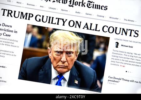 Ein Screenshot der Online-Version der New York Times, die am 30. Mai 2024 von einer Jury über die Verurteilungen gegen Donald Trump berichtete. Stockfoto