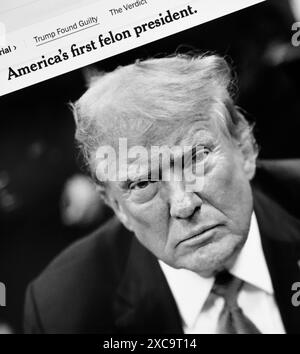 Ein Screenshot der Online-Version der New York Times, die am 30. Mai 2024 von einer Jury über die Verurteilungen gegen Donald Trump berichtete. Stockfoto