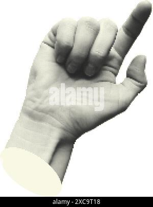 Collage-Halbtonelemente mit zeigenden Händen und Doodle-Knöpfen. Finger-Geste berühren, klicken, tippen. Formen ausschneiden. Modernes, trendiges Vintage-Design Stock Vektor