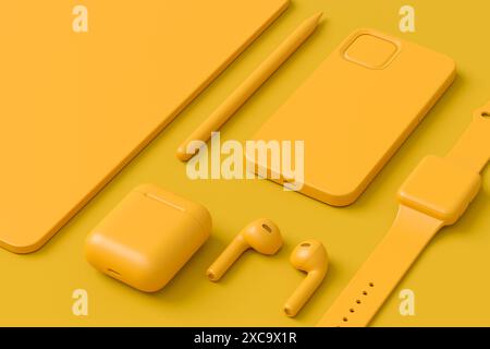 Computer-Tablet aus Aluminium mit Eingabestift, Smart Watch, Telefon und Kopfhörern auf monochromem Hintergrund. 3D-Renderkonzept der kreativen Designerausrüstung und Stockfoto