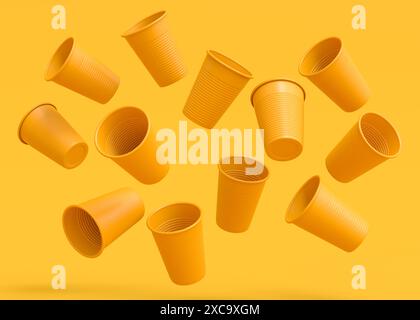 Set aus Kunststoff Einweg-Partybecher isoliert auf monochromem gelbem Hintergrund. 3D-Rendering von Take Away Glas für Saft, frisch, Bier Stockfoto