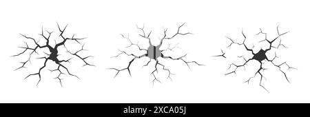 Risssatz. Spalten, Spalten, Einsturz, Löcher auf Steinboden, schwarze Risse isoliert auf weiß. Stock Vektor