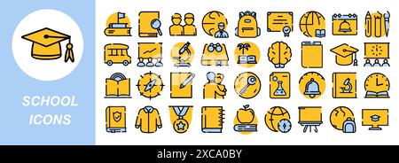 Satz von Schulsymbolen. Umrissdarstellung von Schulsymbolen, die auf weißem Hintergrund isoliert sind. Stock Vektor