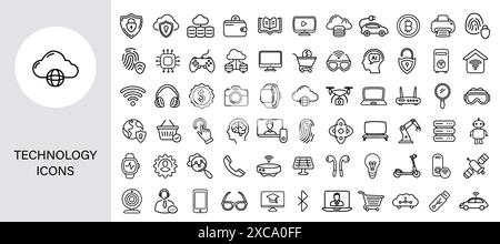 Sammlung von linearen Symbolen der Internettechnologie, isoliert auf weiß. Stock Vektor