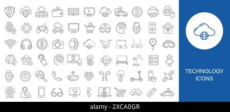Sammlung von linearen Symbolen der Internettechnologie, isoliert auf weiß. Stock Vektor
