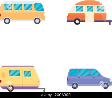 Campingwagen-Symbole setzen Cartoon-Vektor. Transporter und Pickup mit Anhänger. Sommerurlaub, Touristenausflug Stock Vektor