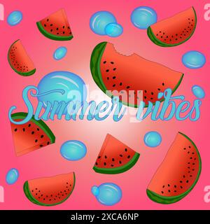 Eine farbenfrohe Vektor-Illustration mit Wassermelonen, Blasen und Summer Vibes Text. Perfekt für sommerliche Designs. Stock Vektor