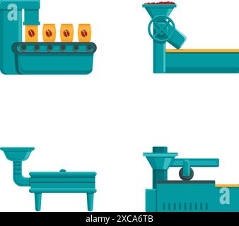 Kaffeeproduktionssymbole setzen Karikaturvektor. Packmaschine und Kaffeemaschine. Umweltfreundliches Produkt Stock Vektor