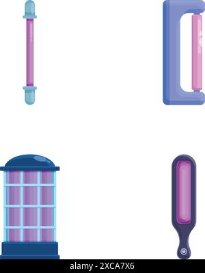Various lamp icons set cartoon vector. Luminous lamp with ultraviolet ray. Device with ultraviolet light Stock Vektor