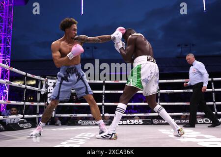 Ben Whittaker (links) und Eworitse Ezra Arenyeka im freien IBF International Light Heavyweight-Kampf im Selhurst Park, London. Bilddatum: Samstag, 15. Juni 2024. Stockfoto