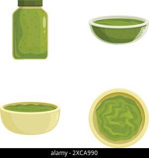 Pesto-Symbole setzen Cartoon-Vektor. Pesto-Soße in Glas und Schüssel. Würziges Gewürz Stock Vektor