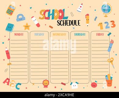 Bunte Schulzeitplan Vektor druckbare Vorlage. Arbeitsblatt im US-Letter-Format. Lustiger Wochenplan, Unterrichtsplaner für die Grundschule Stock Vektor