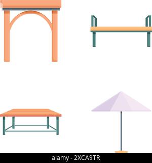 Outdoor Möbel Ikonen setzen Cartoon Vektor. Verschiedene Art von modernen Möbeln. Gartenterrasse Stock Vektor