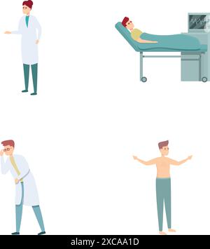 Doktor Besuch Icons setzen Cartoon Vektor. Patient beim Arzttermin in der Klinik. Gesundheitskonzept Stock Vektor
